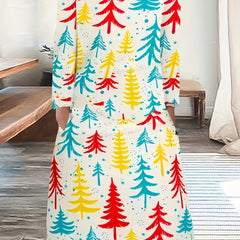  Christmas Tree Print Long Sleeve Dress With Pockets