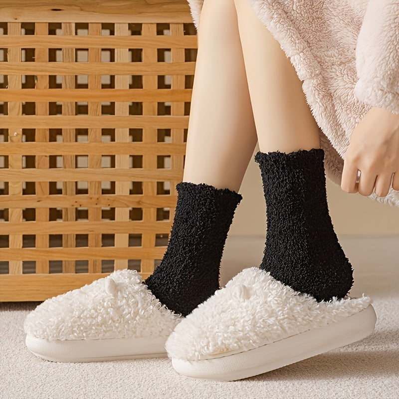 3 Pairs Solid Fuzzy Socks Comfy & Warm Mid Tube Socks Women's Stockings