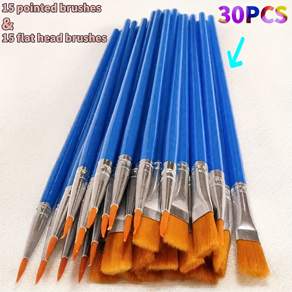 30pcs Nylon Hair Pointed & Flat Painting Brush Set for Watercolor Acrylic Art