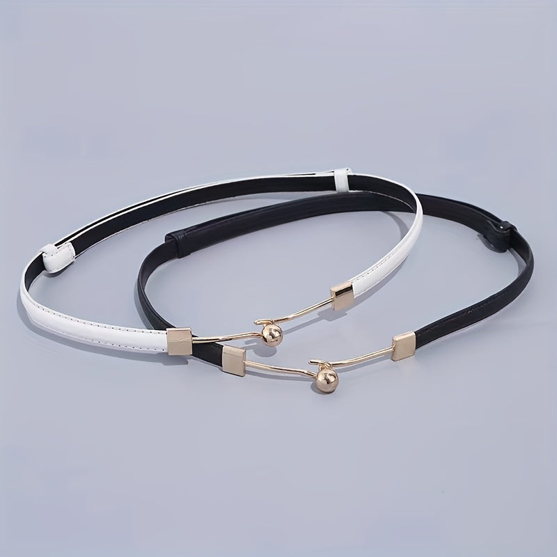 Stylish Thin PU Belt Solid Bead Hook Buckle Coat Waistband Vintage Dress Girdle