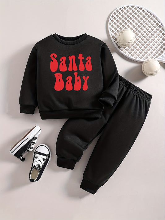 Baby Boy Casual SANTA BABY Print Christmas Outfit Long Sleeve Top Jogger Set