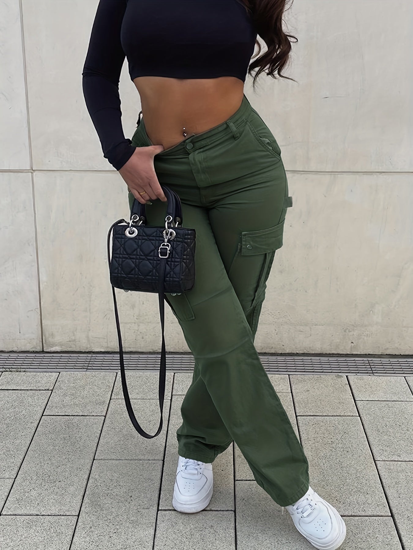 Flap Pockets High Waist Cargo Pants High Rise Straight Legs Denim Pants
