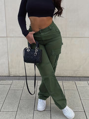 Flap Pockets High Waist Cargo Pants High Rise Straight Legs Denim Pants