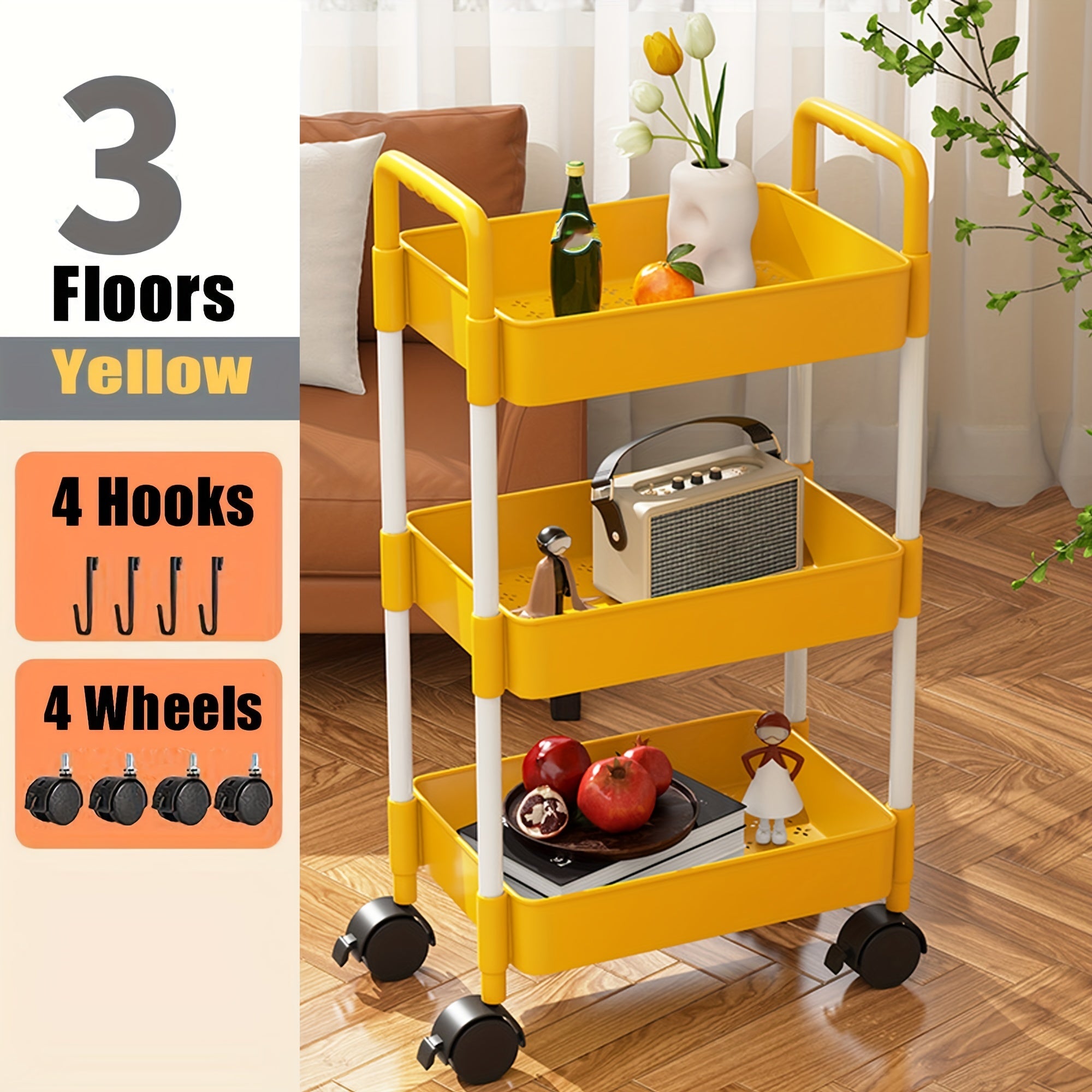 Yellow Cart Three layer Bookshelf Storage Rack School Supplies
