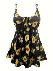 Sunflower Print Cut Out Tie Front Cami Dress Women's Plus