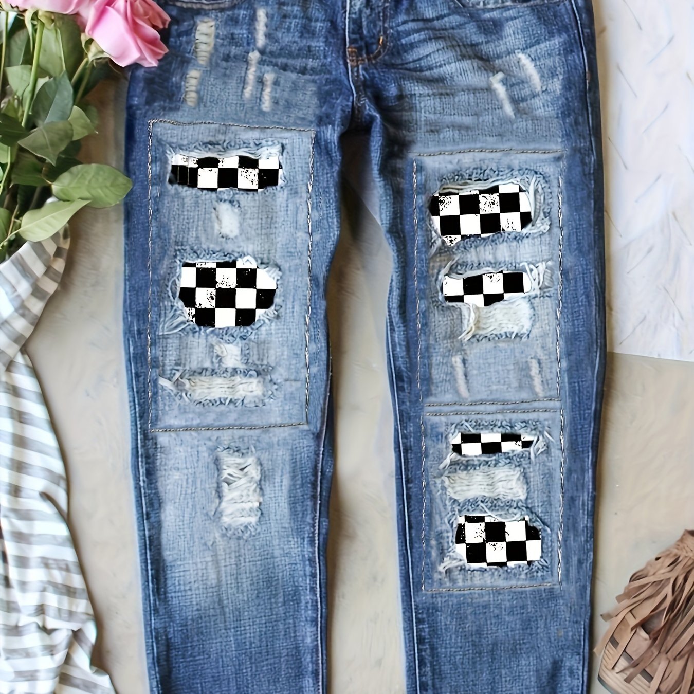  Checkered Patch Button Fly Ripped Stretch Denim Pants