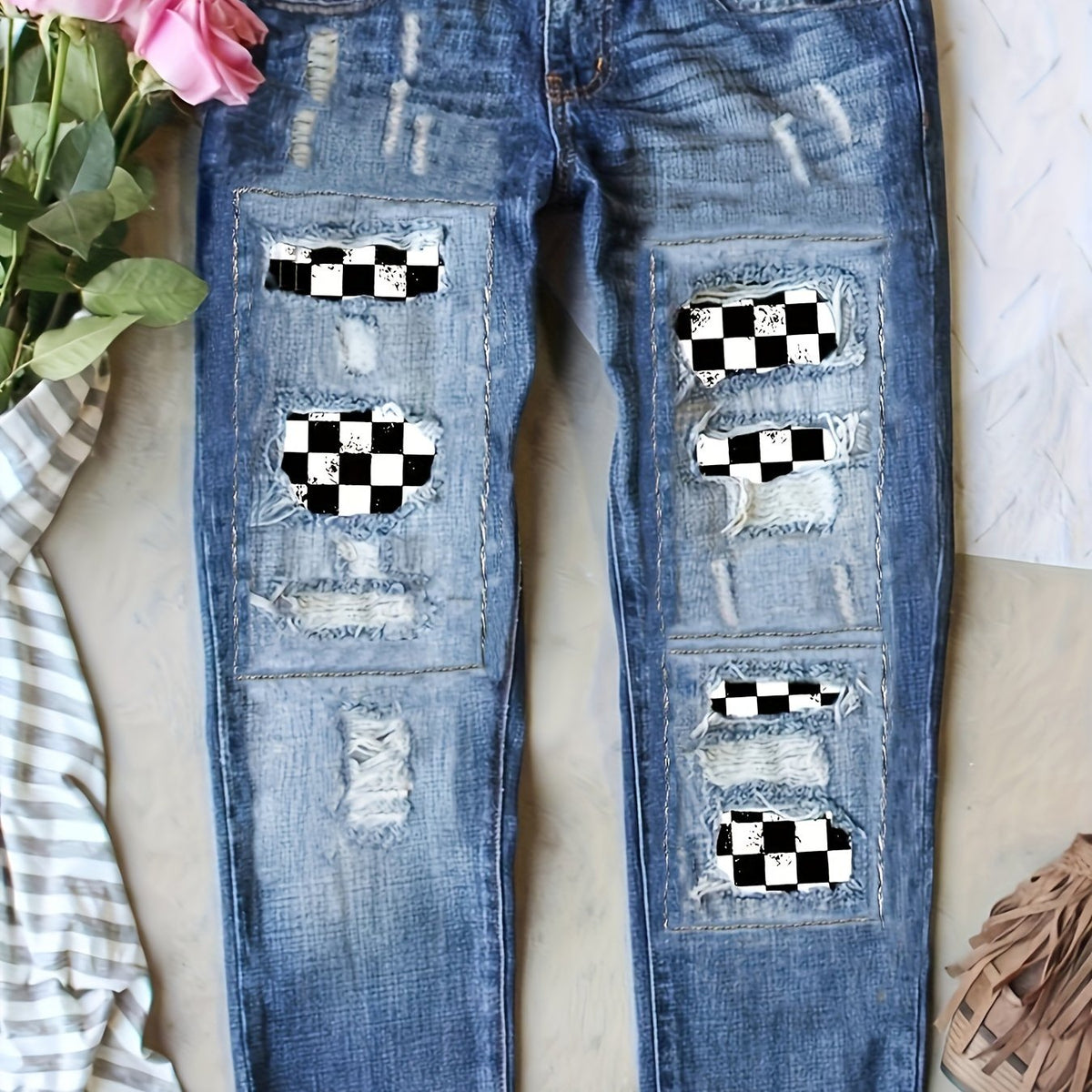  Checkered Patch Button Fly Ripped Stretch Denim Pants