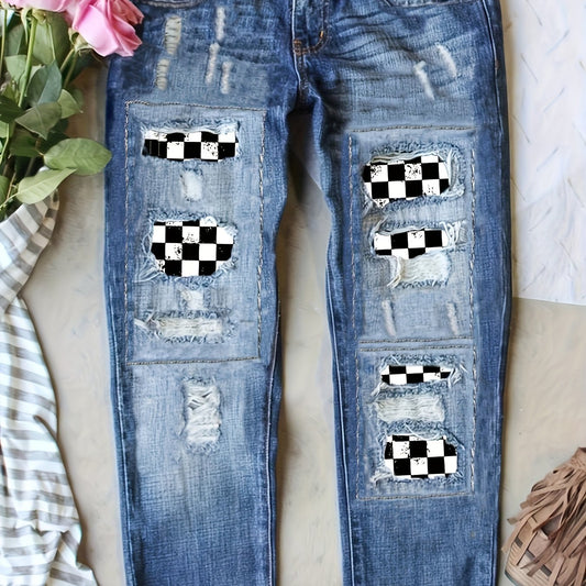  Checkered Patch Button Fly Ripped Stretch Denim Pants