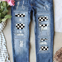  Checkered Patch Button Fly Ripped Stretch Denim Pants