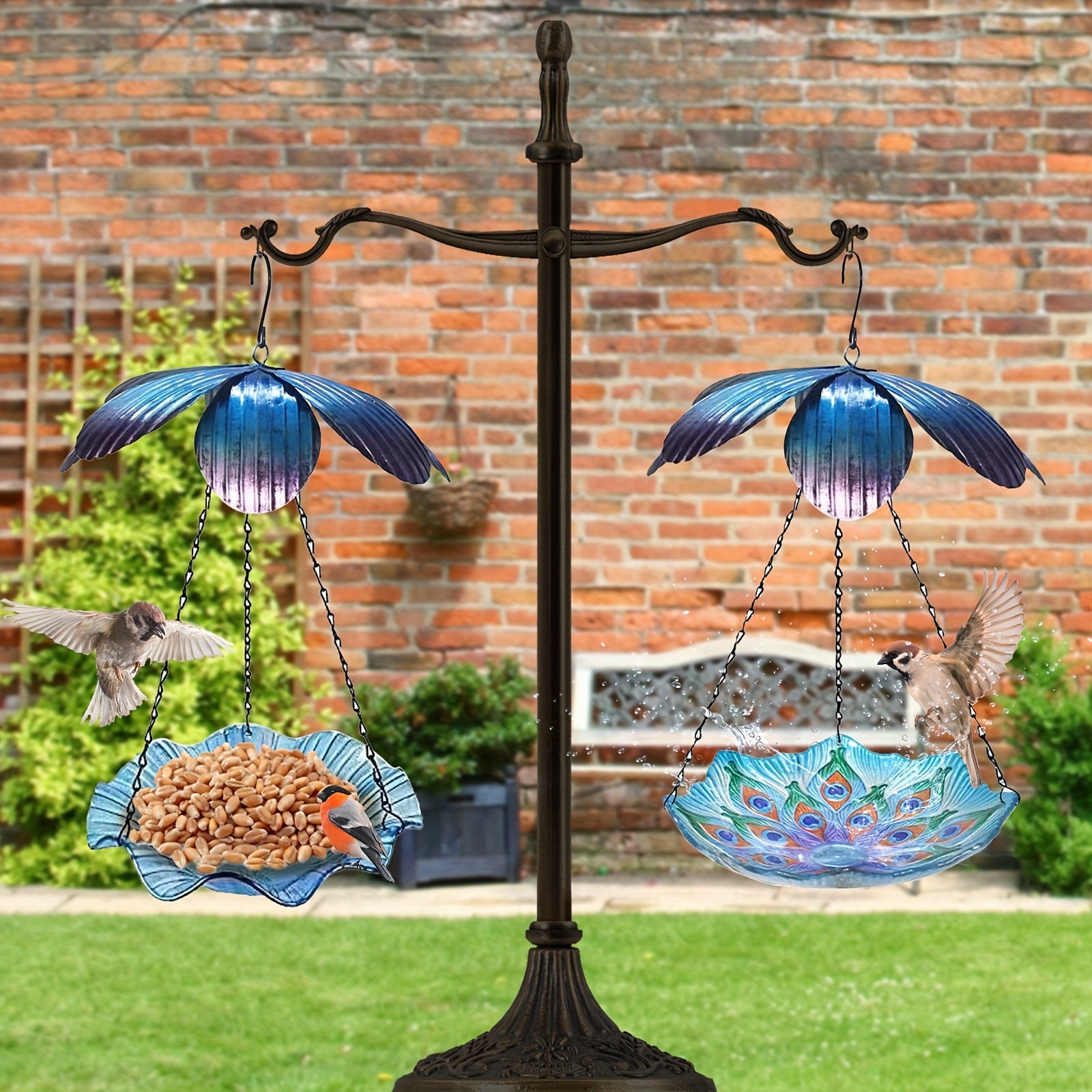 Peacock Feather Hanging Bird Bath Basin Bird Feeder