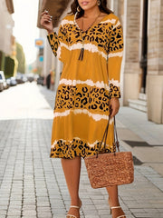  Colorblock Leopard Print Long Sleeve V Neck Dress