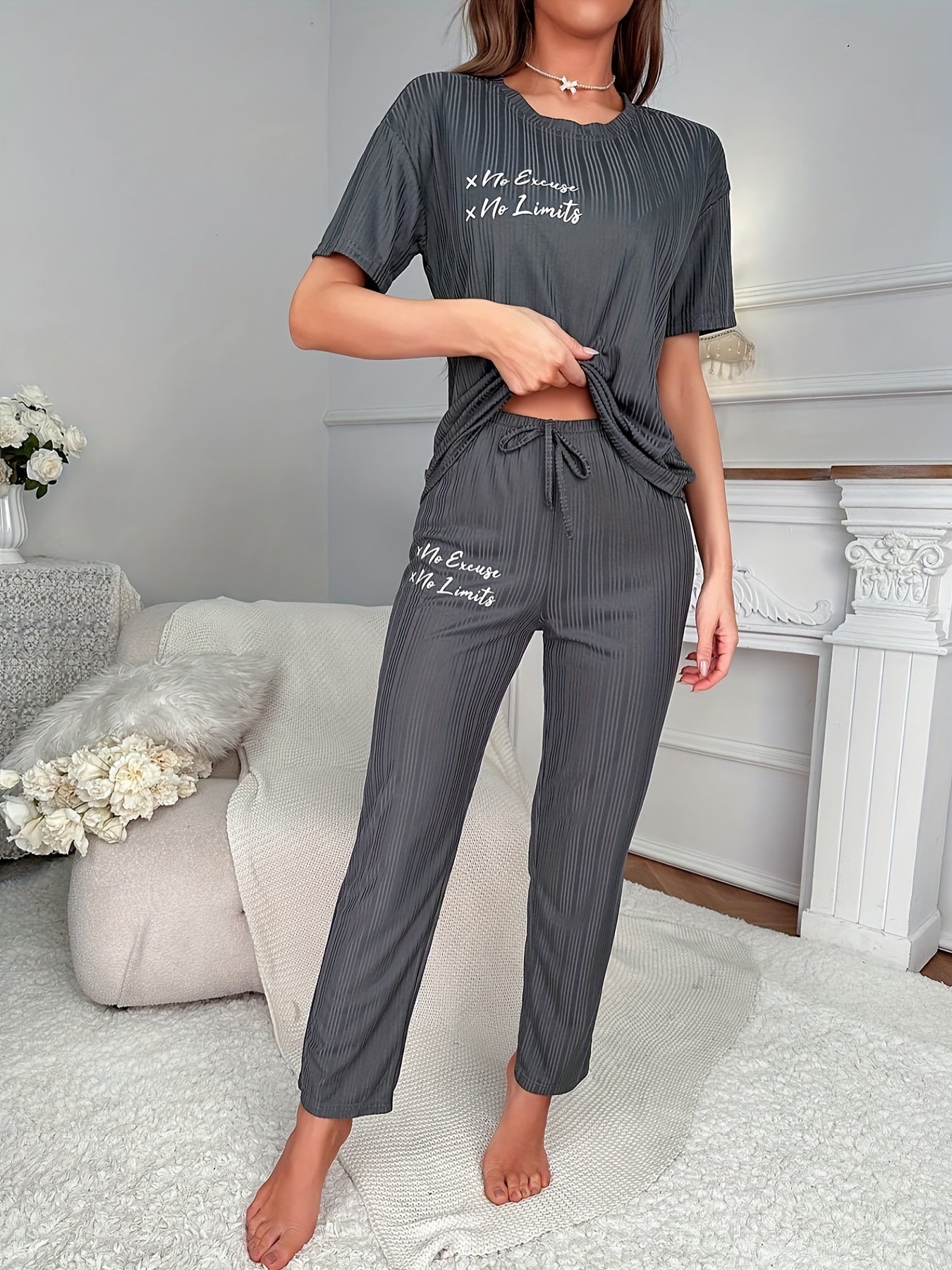 Letter Print Pajama Set Casual Short Sleeve Crew Neck Top & Lace Up Pants