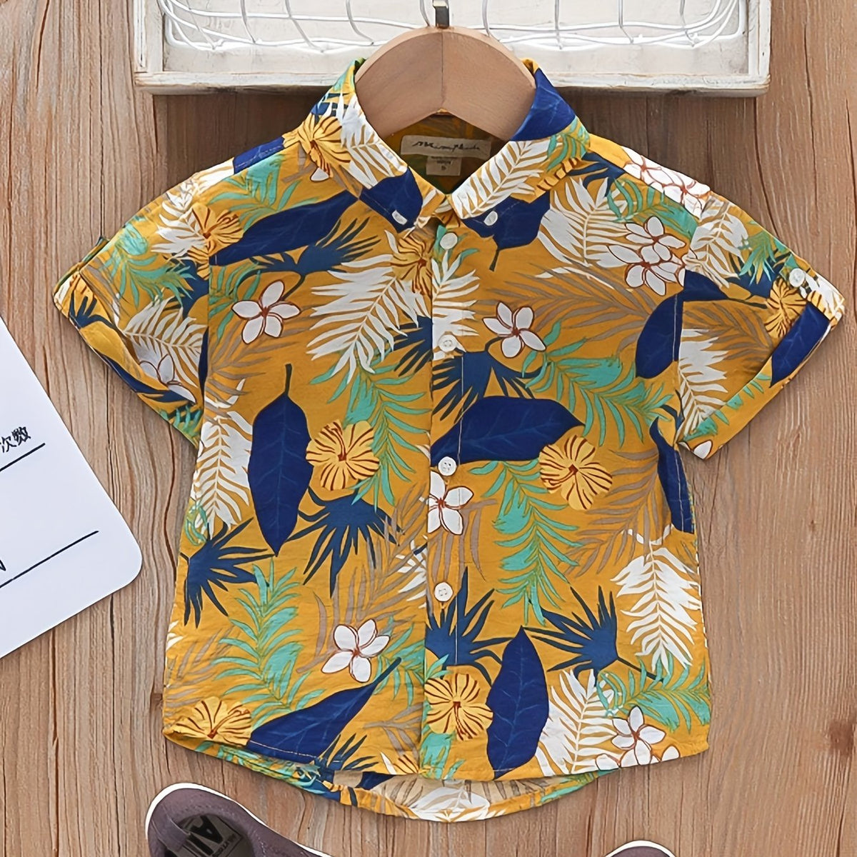Boys Flower And Leaf Short Sleeves Button Down Shirt Tops