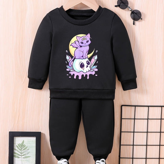 Baby Halloween Outfit Kitten & Moon Graphic Sweatshirt Pants Set