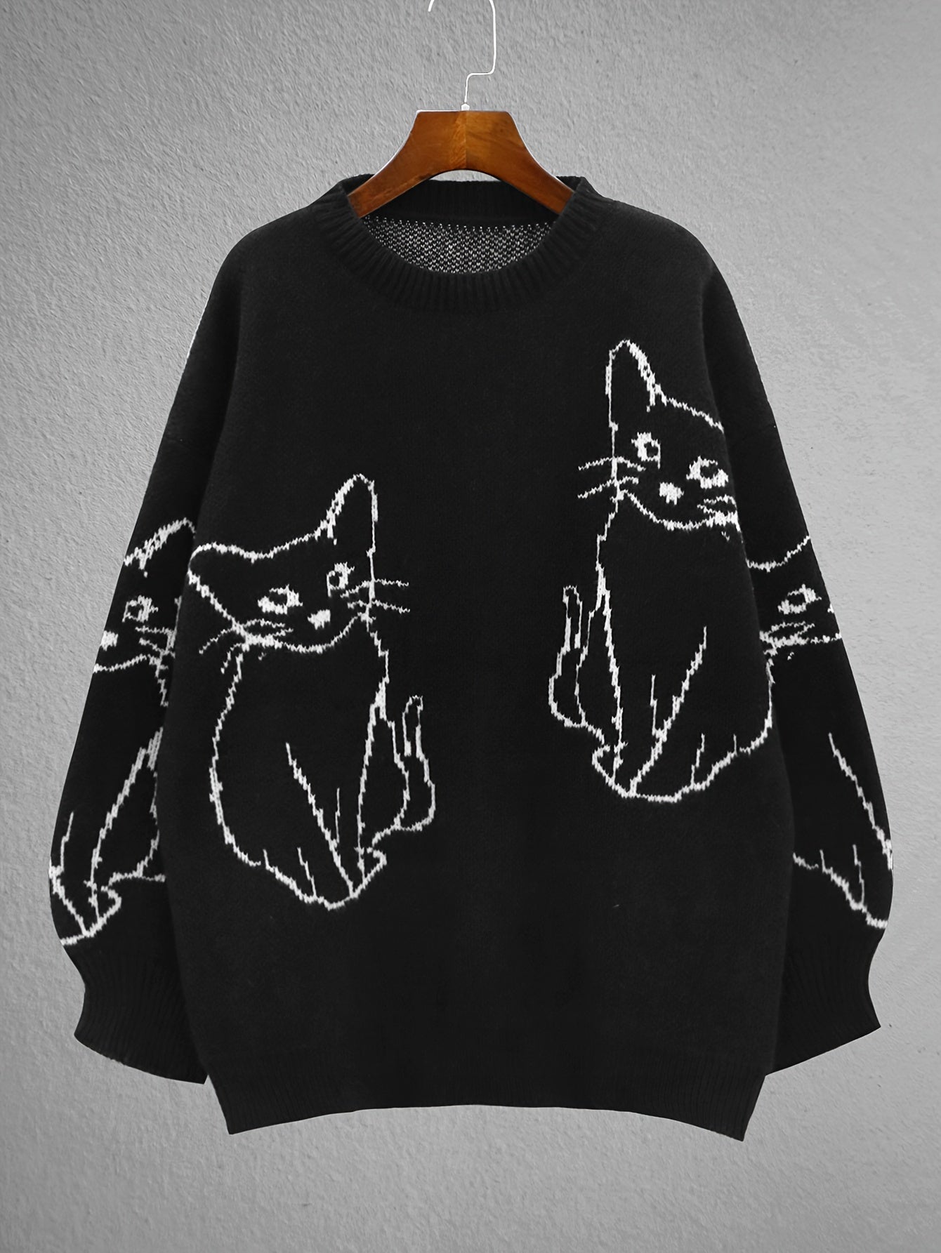  Y2K Cat Pattern Crew Neck Sweater