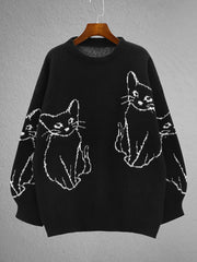 Y2K Cat Pattern Crew Neck Sweater