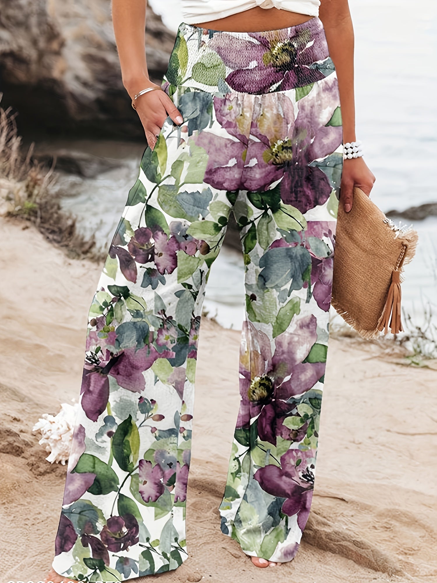 Floral Print High Rise Wide Leg Pants With Pockets