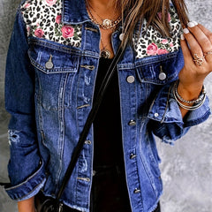 Floral & Leopard Print Fringe Trim Denim Jacket