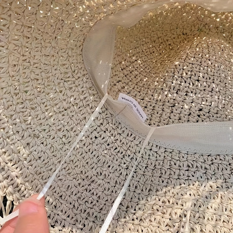 Vintage Raw Brim Sun Hat Solid Crochet Tassel Straw Hat Boho Outdoor Sun Shade