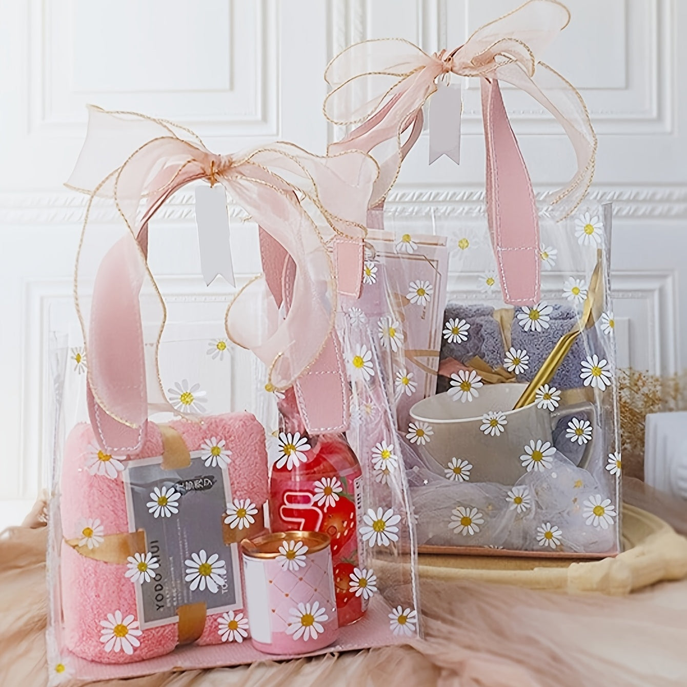 5pcs Large PVC Gift Bag With Ribbon Daisy Pattern Handled Gift Wrapping Bag