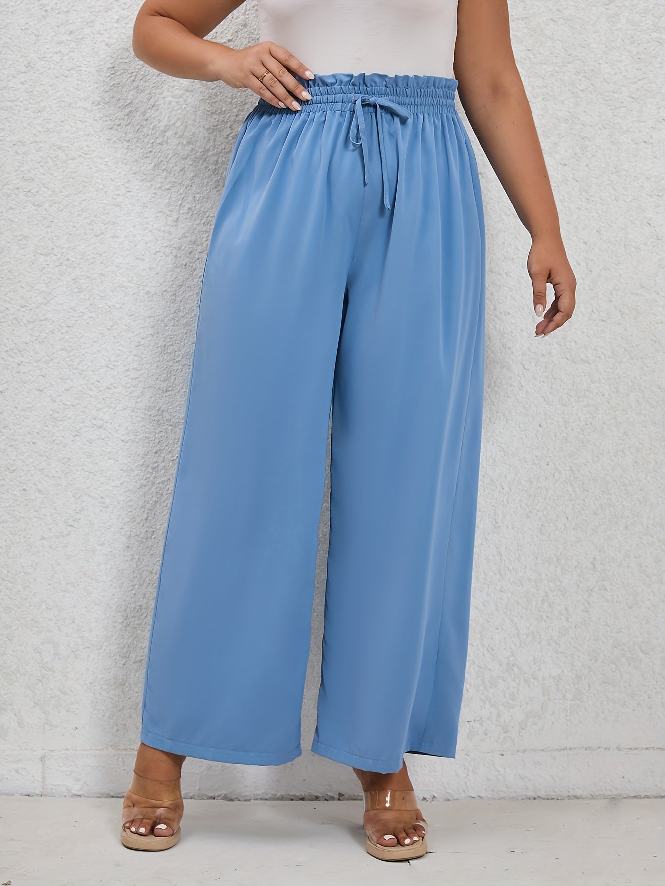  Solid Ruffle Trim Elastic Drawstring Wide Leg Pants