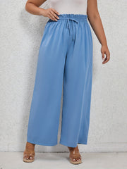  Solid Ruffle Trim Elastic Drawstring Wide Leg Pants