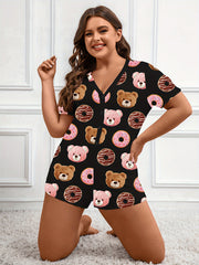  Donut & Bear Print Short Sleeve Button Up Loungewear Romper