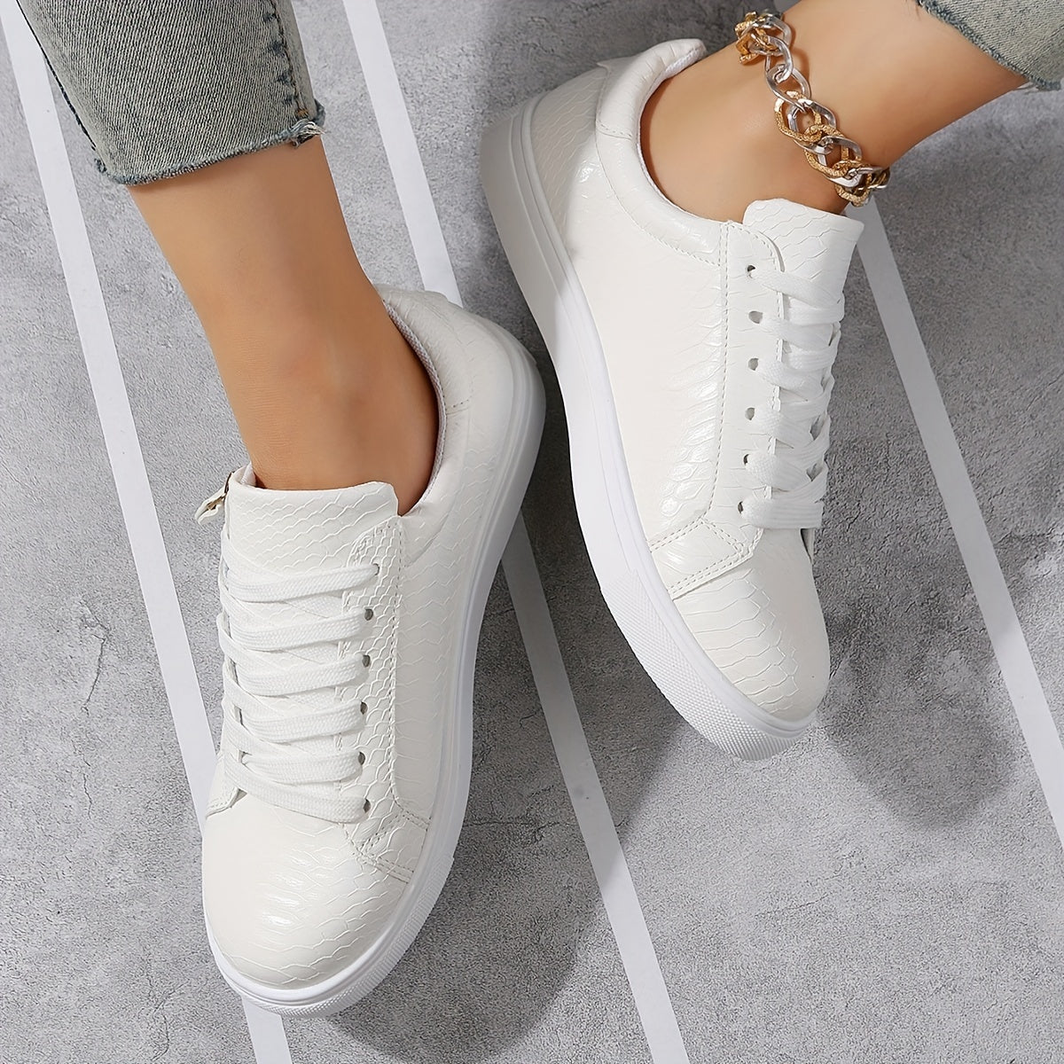 Snake Texture Faux Leather Skate Shoes Heighten Solid Non slip Low Cut Flat Snea