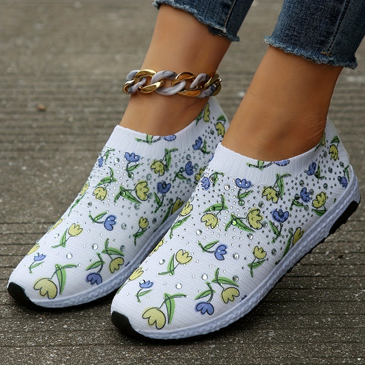 Women's Floral Rhinestone Running Shoes - Lightweight Sport Sneakers