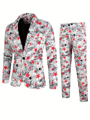 Print Suit Set Men's One Button Lapel Jacket & Pants Suit Set