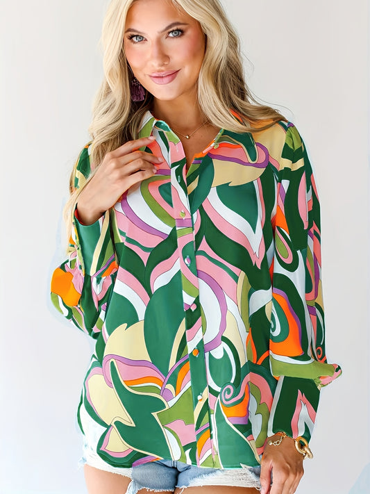 Casual Blouse Women's Plus Random Print Lantern Sleeve Button Up