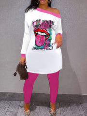 Women's Plus Lip Print One Shoulder Tee & Leggings Set