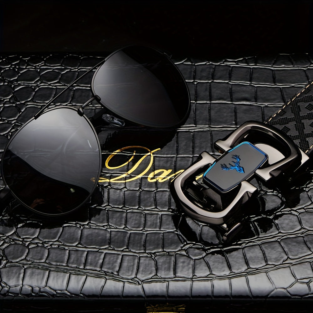 Father's Gift Men's Belt Sunglasses Set Cowhide Belt Automatic Buckle