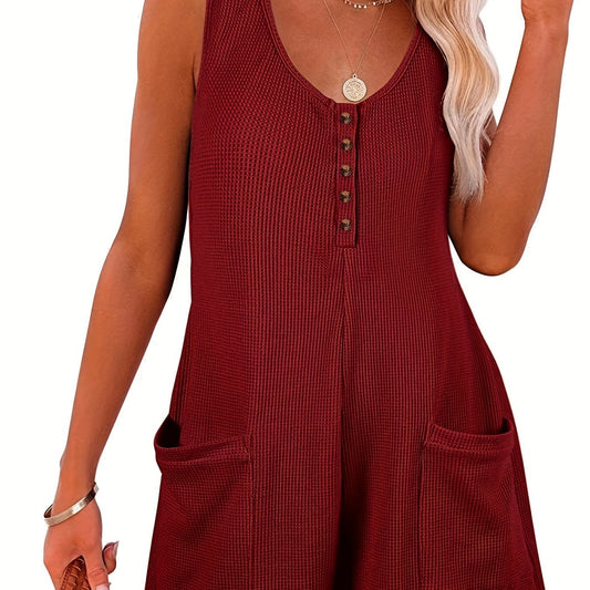 Button Front Sleeveless Romper Casual Jumpsuit Women's Clothing