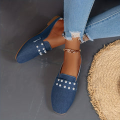 Women's Denim Flat Mules with Faux Pearl Decor