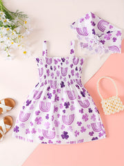 Girls Flower & Rainbow Frill Trim Shirred Dress & Headband Set