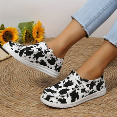 Women's Cow Printed Flat Loafers Lace Up Canvas Shoes
