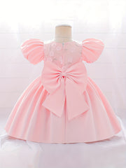 Girls Puff Sleeve Princess Dress with Flower Decor