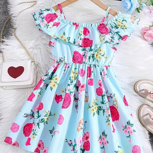 Toddler Girls Ruffle Trim Cold Shoulder Princess Dress Flowers Graphic
