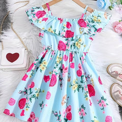 Toddler Girls Ruffle Trim Cold Shoulder Princess Dress Flowers Graphic
