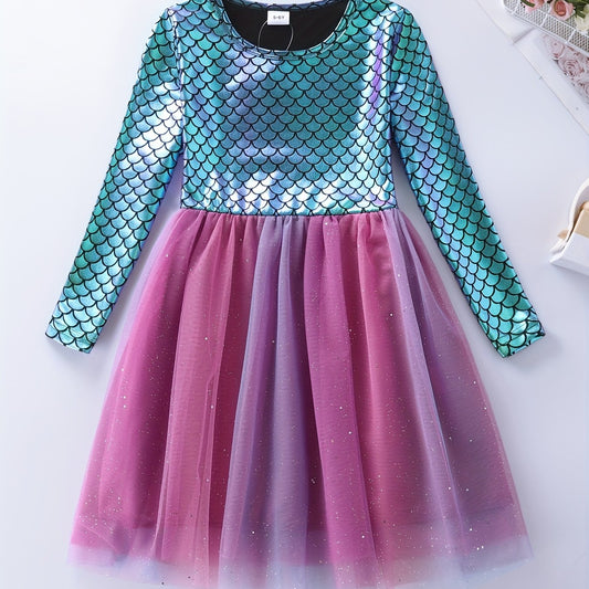 Girls Mermaid Mesh Stitching Long Sleeve Dress for Halloween Party