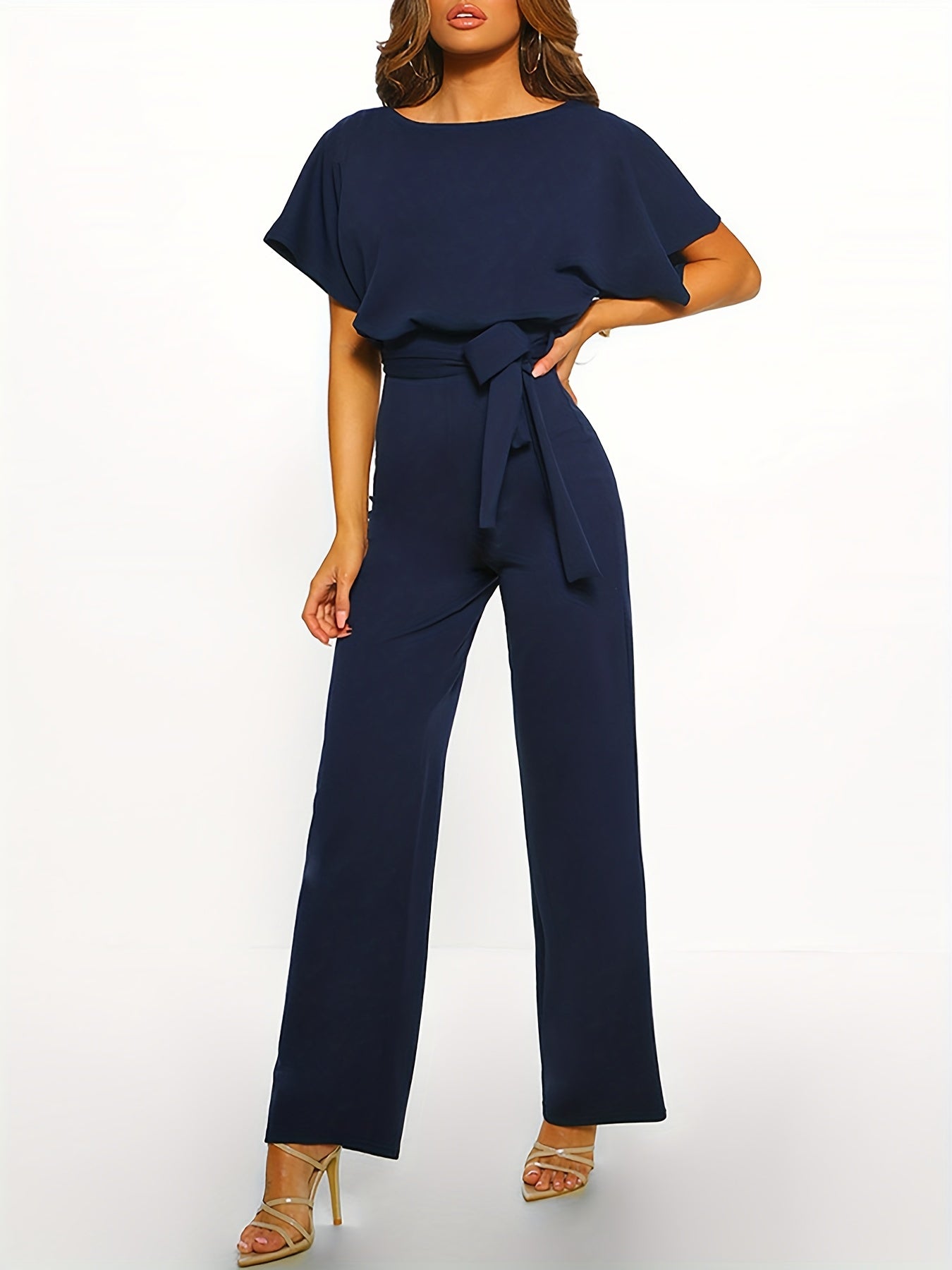 Batwing Sleeve Belted Jumpsuit Solid Casual Jumpsuit Women's Clothing