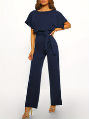 Batwing Sleeve Belted Jumpsuit Solid Casual Jumpsuit Women's Clothing