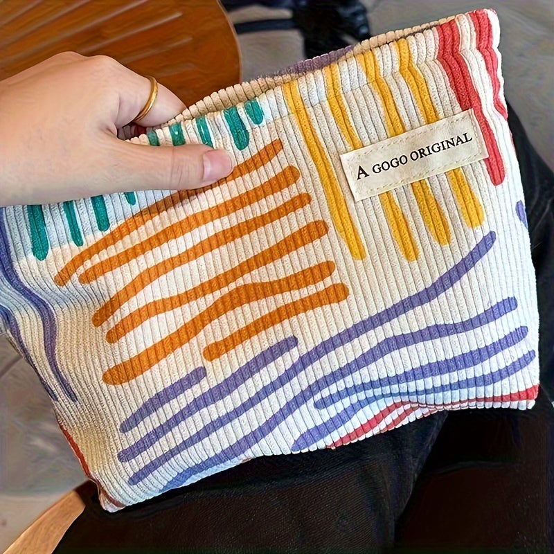 Colorful Striped Corduroy Makeup Bag Travel Cosmetic Pouch