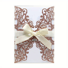 10pcs Glitter Paper Laser Cut Wedding Invitation Card Customize Card With Ribbon
