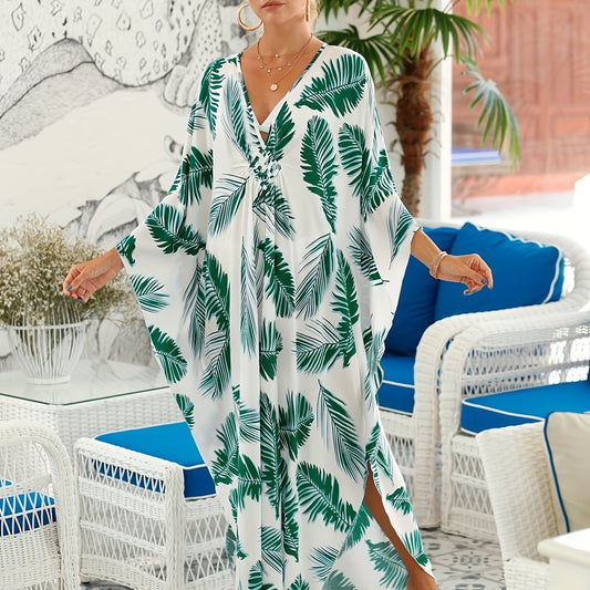  Tropical Print Maxi Kaftan Beach Dress V Neck Split Abaya Dress
