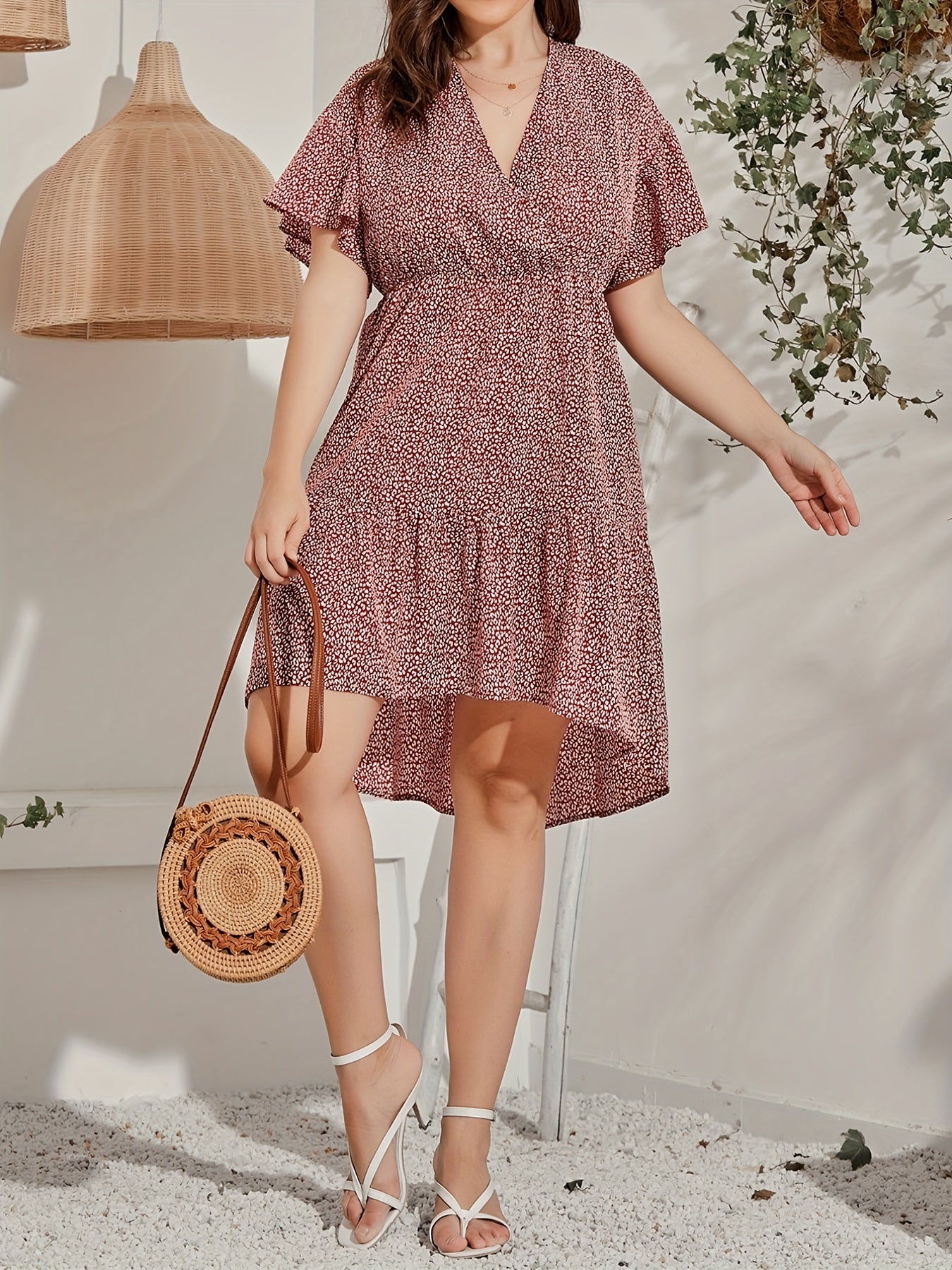  Allover Print Short Sleeve Surplice Neck Dress