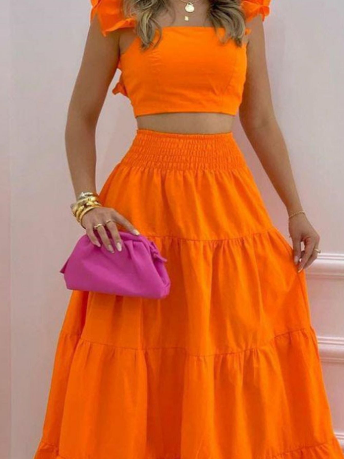 Women's Solid Tight Top & Swing Skirt Set