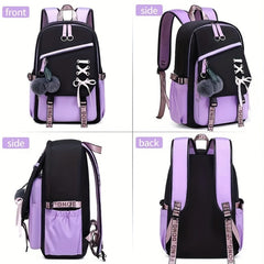 Girl School Backpack Two Plush Balls Letter Pattern Strap Kids Casual Laptop Bag