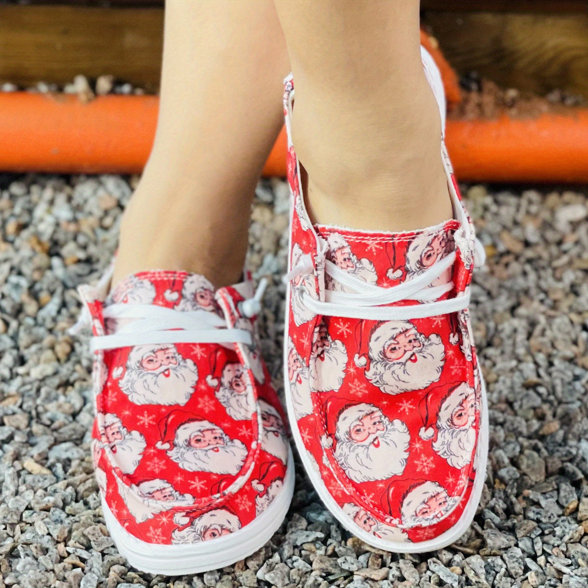 Women's Santa Claus Print Canvas Shoes Christmas Lace Up Outdoor